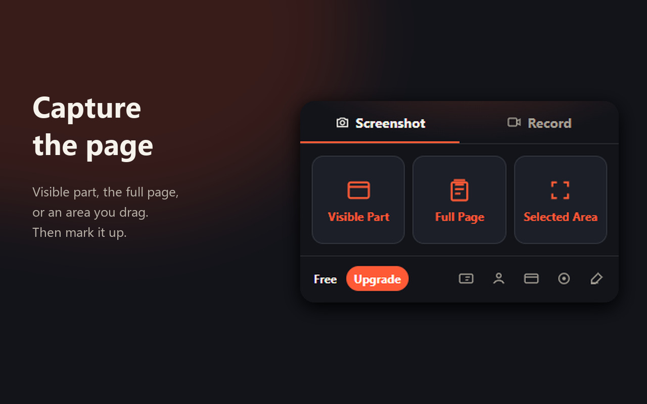 Screenshot panel: capture the visible part, the full page or a selected area