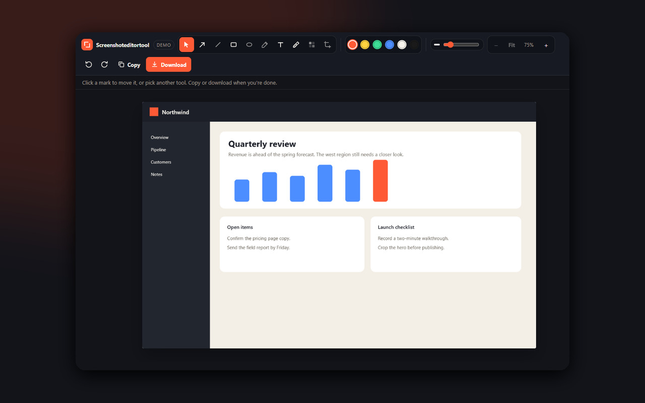 Screenshot Editor Tool editor with arrow, box, text, pen, blur and crop tools