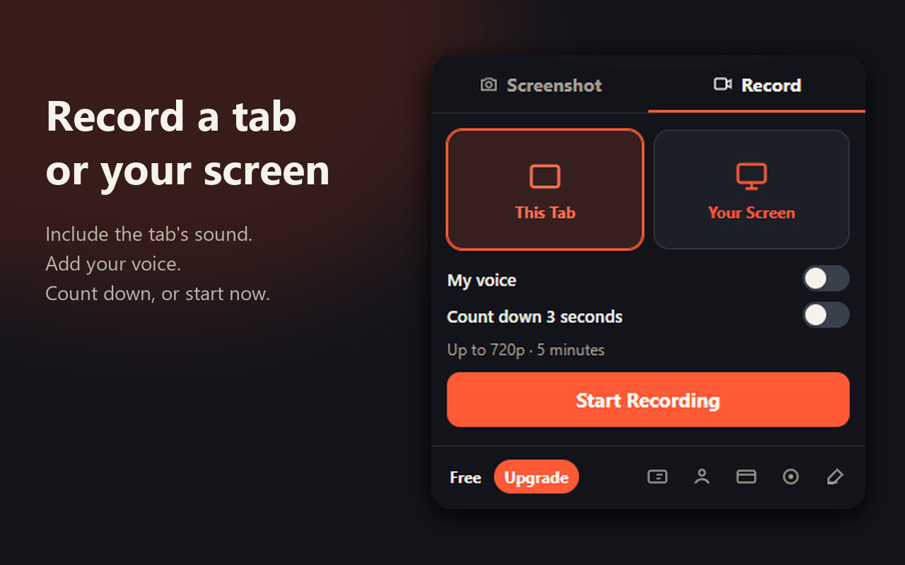 Record panel: record this tab or your screen, with voice and a 3-second countdown